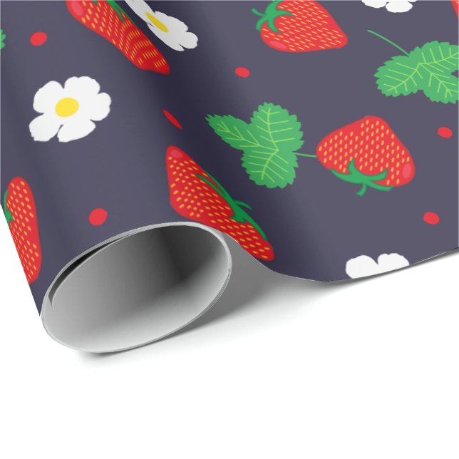 Erdbeeren und Blume für Navy Blue Geschenkpapier (Rolleneckpunkt)