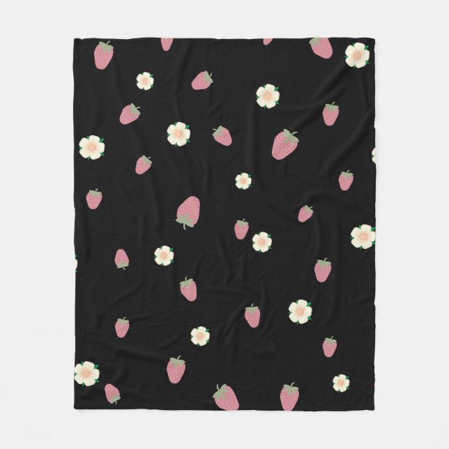 Erdbeeren und Blume Schwarzes Muster Fleecedecke (Vorderseite)