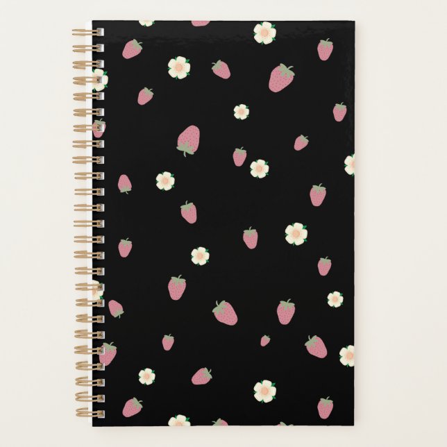 Erdbeeren und Blume Schwarzes Muster Planer (Vorderseite)