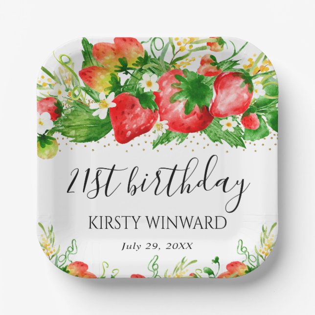 Erdbeeren und Blume zum Geburtstag Pappteller (Vorderseite)