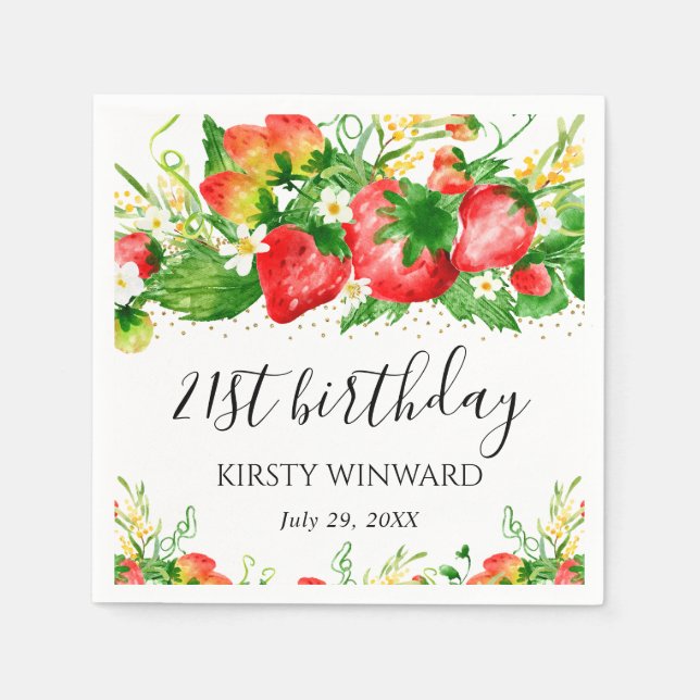 Erdbeeren und Blume zum Geburtstag Serviette (Vorderseite)