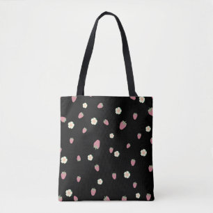 Erdbeeren und Blumen Schwarz Muster