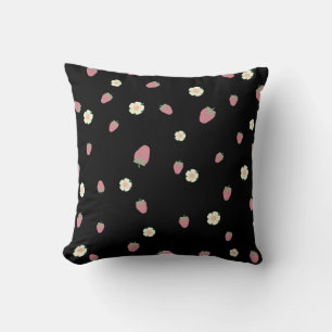 Erdbeeren und Blumen Schwarz Muster Kissen