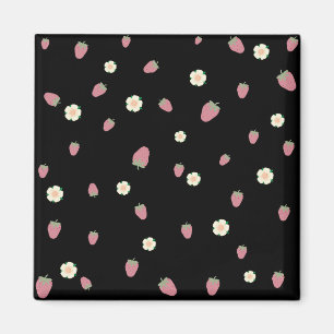 Erdbeeren und Blumen Schwarz Muster Magnet