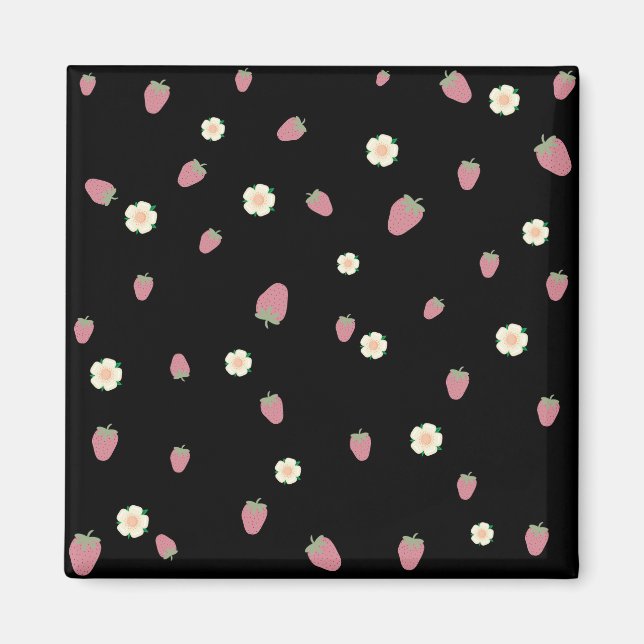 Erdbeeren und Blumen Schwarz Muster Magnet (Vorne)