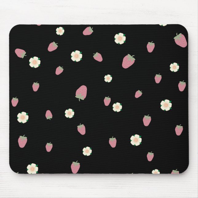 Erdbeeren und Blumen Schwarz Muster Mousepad (Vorne)
