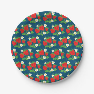 Erdbeeren und Blumenmuster Blau Pappteller