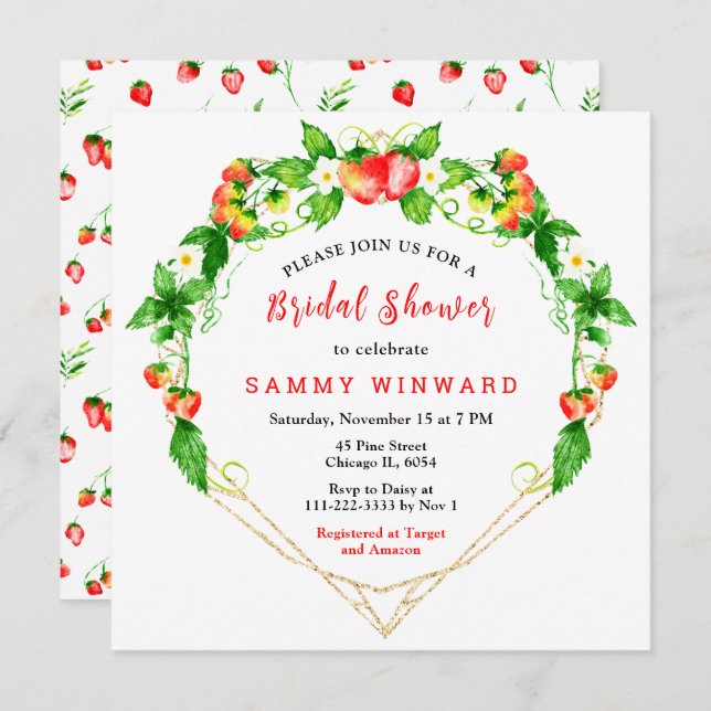 Erdbeeren und Brautparty aus Milcherzeugnissen Einladung (Vorne/Hinten)