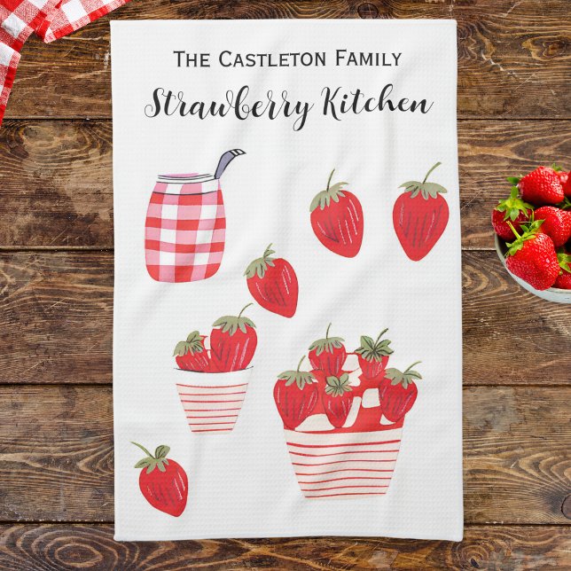 Erdbeeren und Creme Summer Red White Hübsch Geschirrtuch (A pretty tea towel with strawberries and cream design. Personalize with a name at the top.)