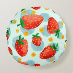 Erdbeeren und Gänseblümchen Blaue Aquarellmalerei Rundes Kissen