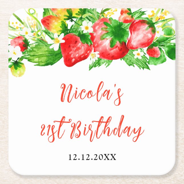 Erdbeeren und Gänseblümchen Geburtstag Rechteckiger Pappuntersetzer (Vorderseite)