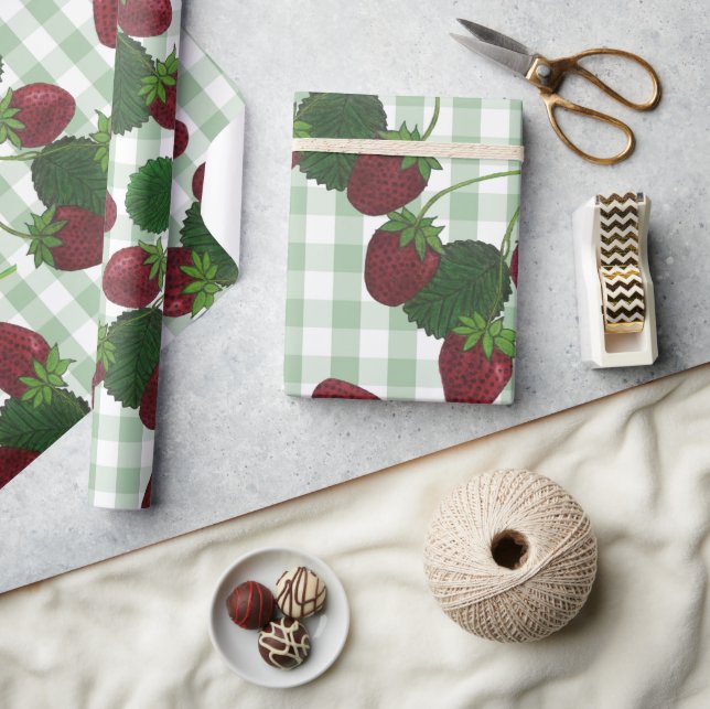 Erdbeeren und Gingham Wrapping Paper Geschenkpapier (Kunsthandwerk)