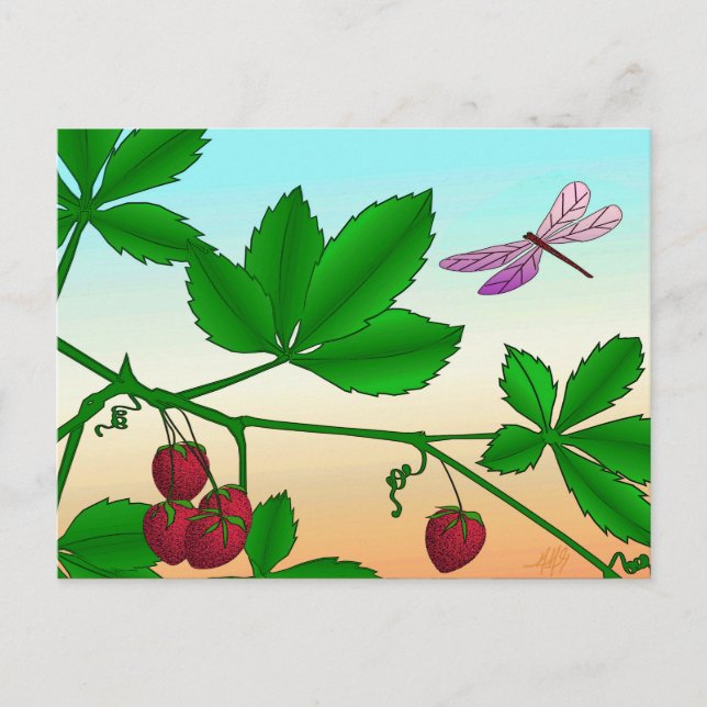 Erdbeeren und Libellen Postkarte (Vorderseite)