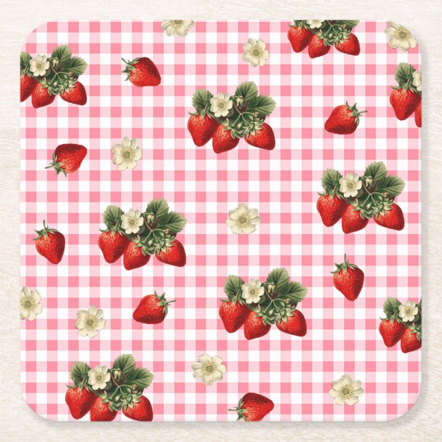 Erdbeeren und niedliches Gingham-Papier Rechteckiger Pappuntersetzer (Vorderseite)