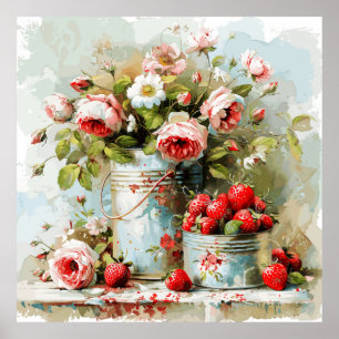 Erdbeeren und Rose in Vintagen Eimern Poster