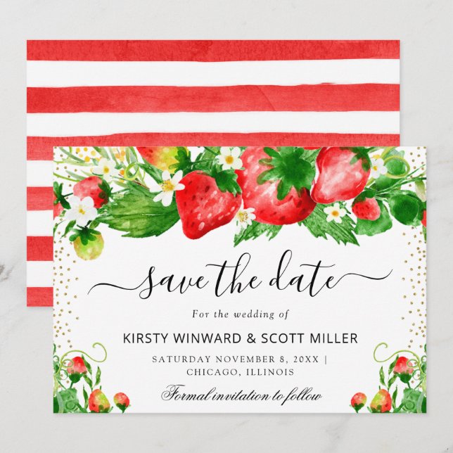 Erdbeeren und Sommer-Blume Hochzeit Save The Date (Vorne/Hinten)