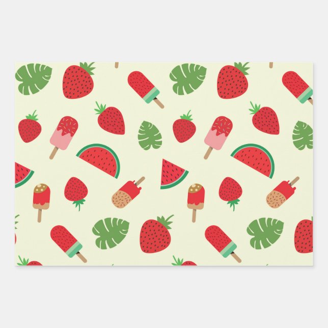 Erdbeeren, Wassermelonen und Popsiviermuster Geschenkpapier Set (Vorderseite)