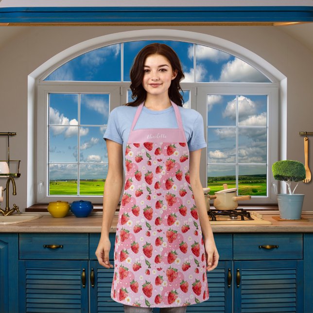 Erdbeeren, weiße Blüten Rosa rote Muster Name Schürze (Von Creator hochgeladen)