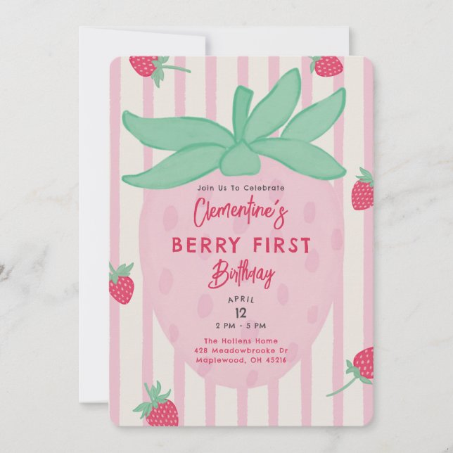 Erdbeeren zum ersten Geburtstag Einladung (Vorderseite)