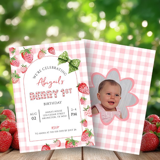 Erdbeeren zum ersten Geburtstag - rosa Gingham-Fot Einladung (Von Creator hochgeladen)