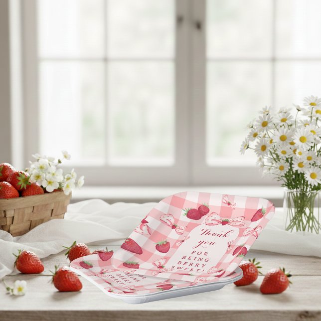Erdbeeren zum ersten Geburtstag rote Gingham-Schle Pappteller (Berry First Birthday Red Gingham Bows Square Paper Plates)