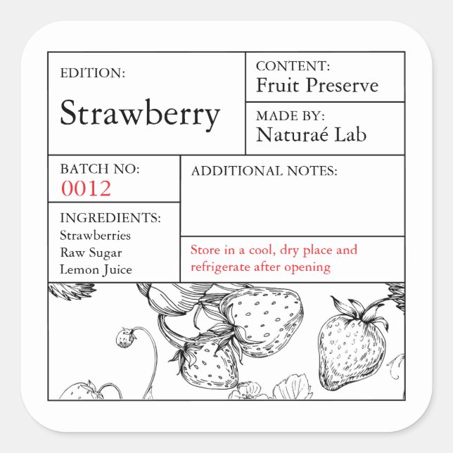 Erdbeeretikett Schwarz-Weiß-Apotheke Quadratischer Aufkleber (Vorderseite)