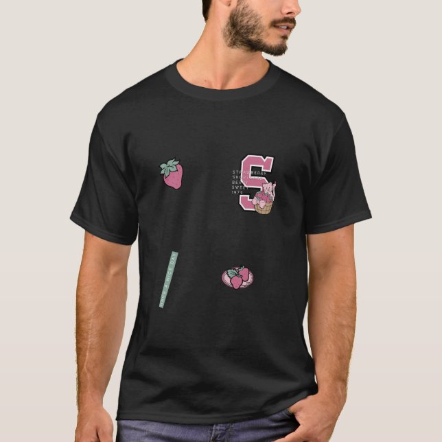 Erdbeerkuchen Beeren süßes S-Patch mit Katze  T-Shirt (Vorderseite)