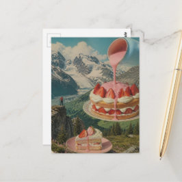 Erdbeerkuchen Berg Surreal Retro Kunst Postkarte