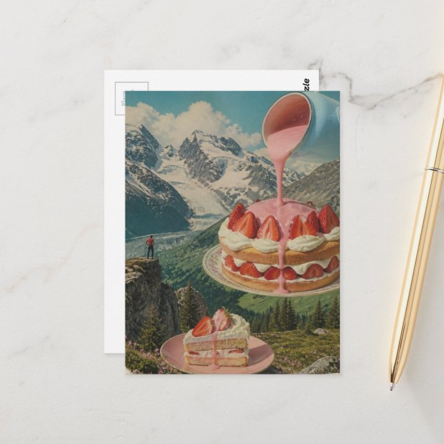 Erdbeerkuchen Berg Surreal Retro Kunst Postkarte (Vorderseite/Rückseite Beispiel)