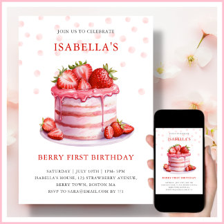 Erdbeerkuchen | Berry First Birthday Einladung