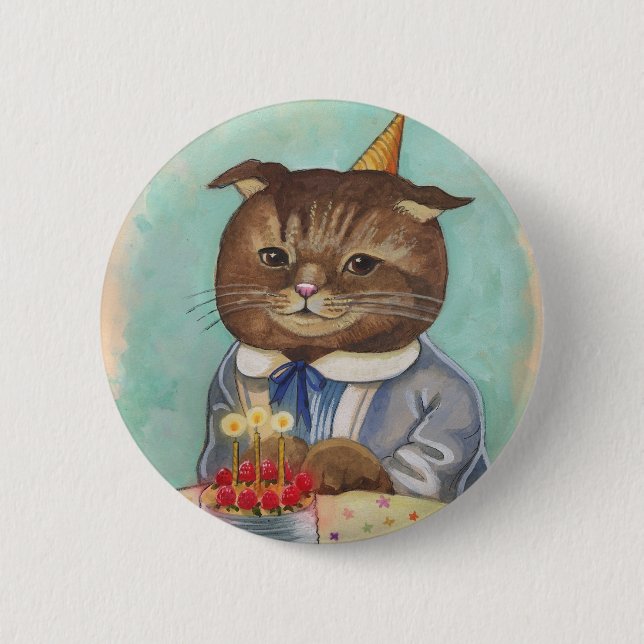Erdbeerkuchen-Geburtstags-Miezekatze Button (Vorderseite)