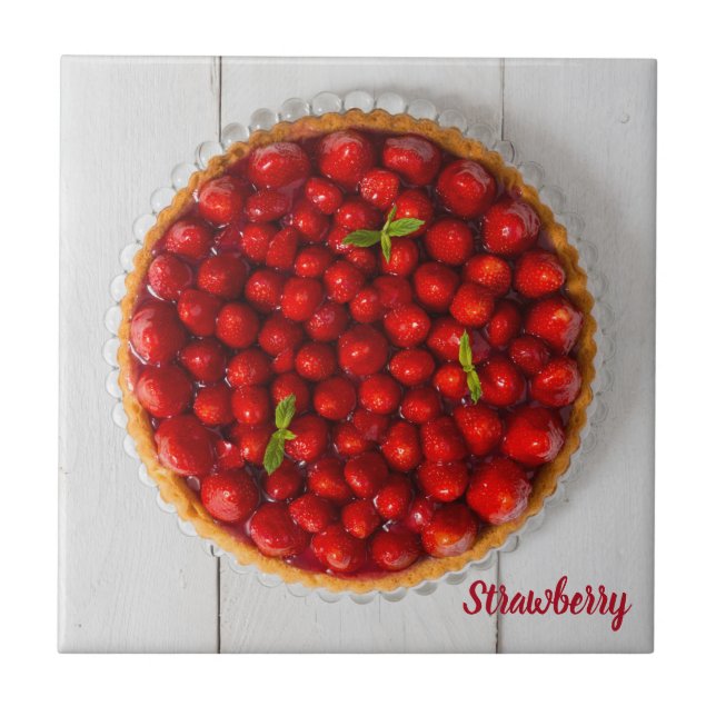 Erdbeerkuchen mit Minze aus weißem Holz Fliese (Vorderseite)