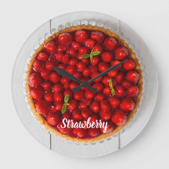 Erdbeerkuchen mit Minze aus weißem Holz Große Wanduhr (Vorderseite)