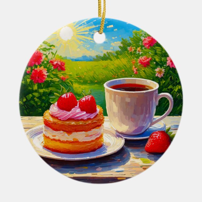 Erdbeerkuchen und Kaffee Freude Keramik Ornament (Vorne)