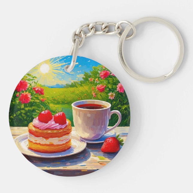 Erdbeerkuchen und Kaffee Freude Schlüsselanhänger (Rückseite)