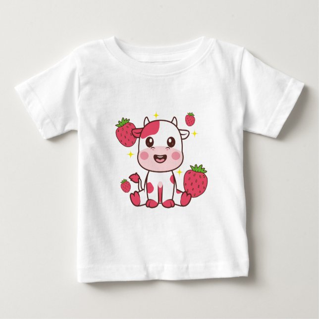 Erdbeerkuh, Niedliche Kuh, rosa Kuh Haustier Baby T-shirt (Vorderseite)