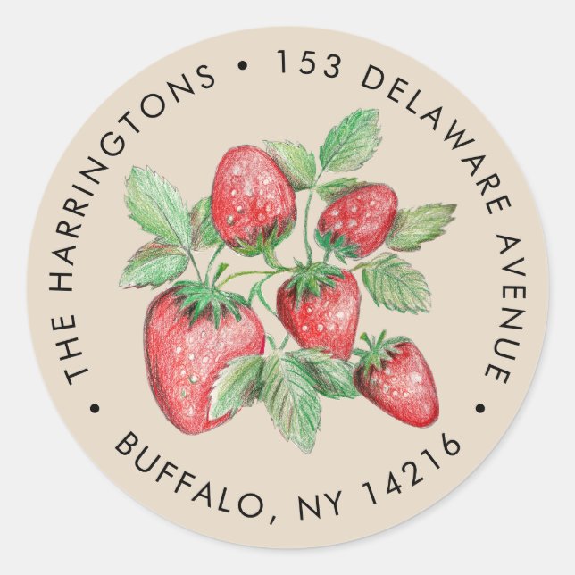 Erdbeerkunst im Vintage-Stil Taupe-Rücksendeadress Runder Aufkleber (Vorderseite)
