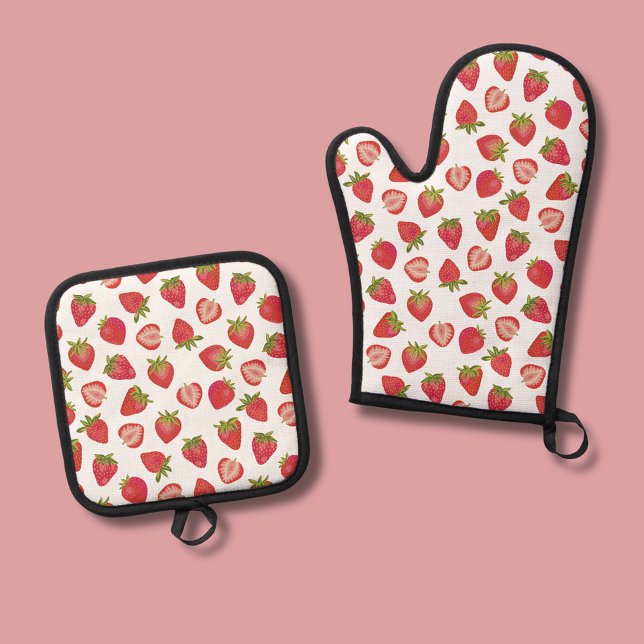 Erdbeermuster im Sommer Ofenhandschuh & Topflappen-Set (Strawberry pattern oven glove and mitt kitchen homeware range.)