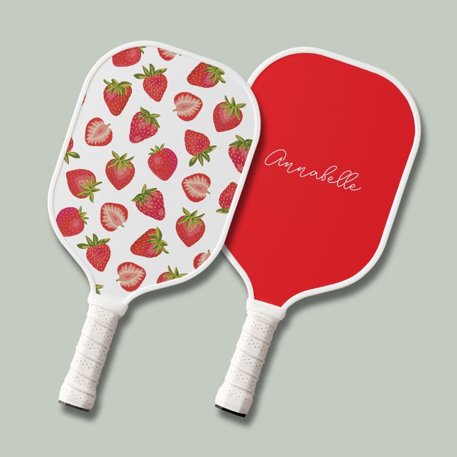 Erdbeermuster Pickleball Schläger (Strawberry pickleball paddle.  Personalize with your own name or choice of text to one side. )