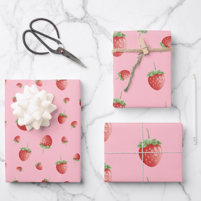 Erdbeermuster Rosa Geschenkpapier Set (Vorderseite)