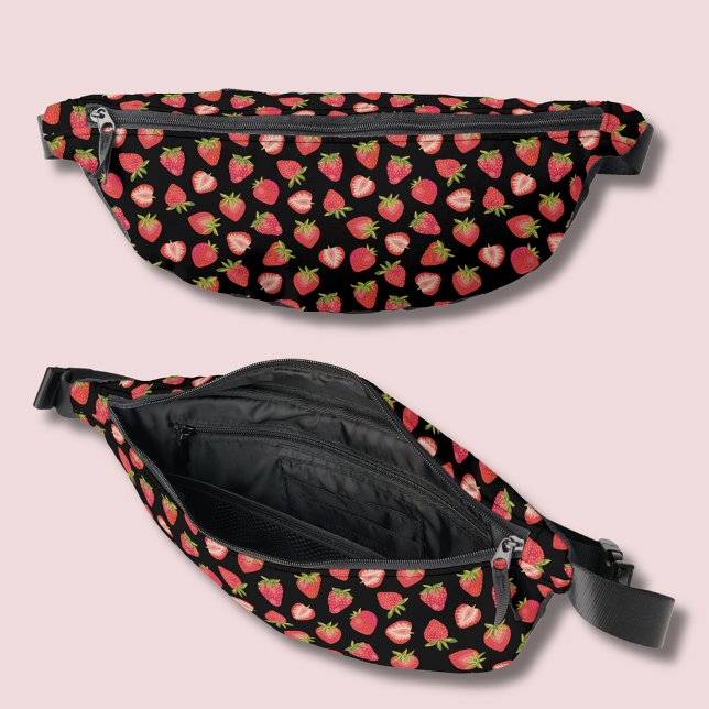 Erdbeermuster rot schwarz bauchtasche (Strawberry pattern fanny pack on black background.  Other bag styles available.)