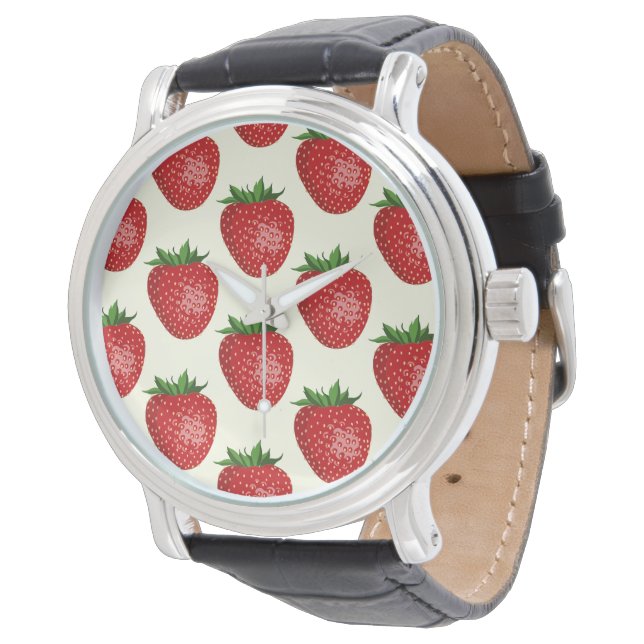 Erdbeermuster, Rote Erdbeeren, Obst, Leaf Armbanduhr (Schrägansicht)