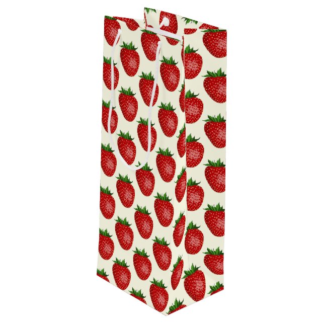 Erdbeermuster, Rote Erdbeeren, Obst, Leaf Geschenktüte Für Weinflaschen (Rückseite Schrägansicht)
