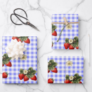 Erdbeerpapier auf blauem Gingham Geschenkpapier Set