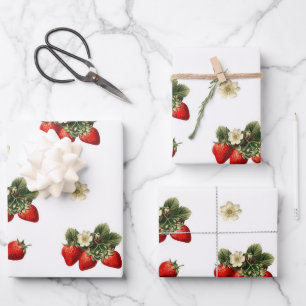 Erdbeerpapier mit Blüten auf weiß Geschenkpapier Set