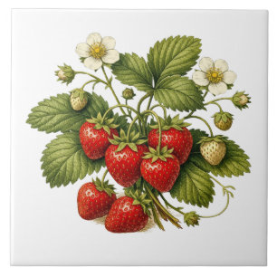 Erdbeerpflanze im Vintage-Stil mit reifen Beeren Fliese