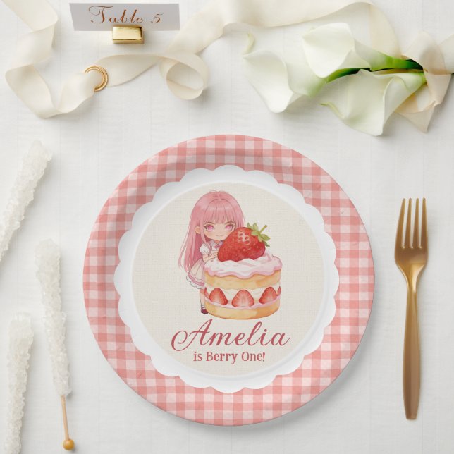 Erdbeersüßes Aquarell-Mädchen 1. Geburtstag Pappteller (Hochzeit)