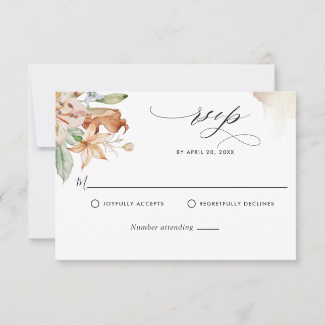 Erdblüten, beige Aquarellsteine, Hochzeitssänger RSVP Karte (Vorderseite)