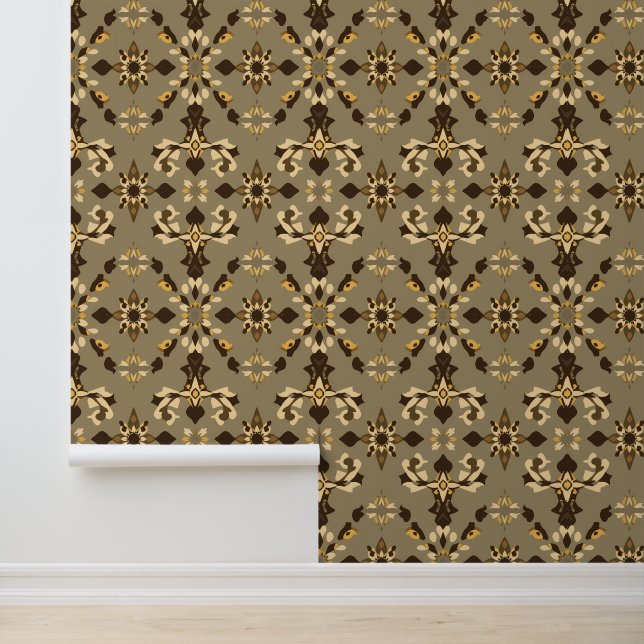 Erdbraun und Beige Blumenmuster Tapete (Anwendung)