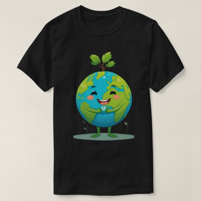 Erde Lächelnder Cartoon mit Pflanze wächst oben T-Shirt (Design vorne)